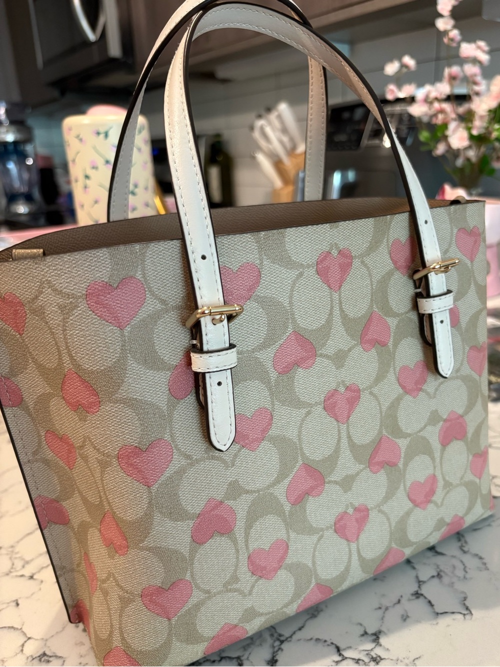 Coach Mollie Tote 25 in Signature Canvas with Pink Heart Print and White Straps - Picture 3 of 5